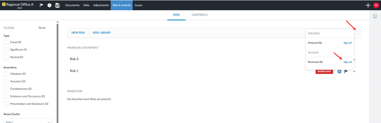 the user interface for signing off as a Reviewer in Risk and controls